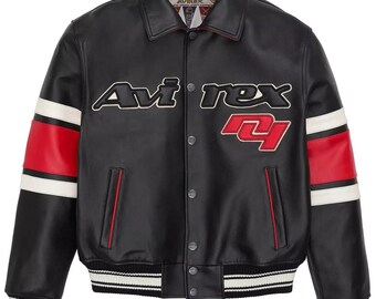 Blouson universitaire en cuir noir Avirex pour hommes, manteau aviateur de course rétro, cadeau streetwear pour lui