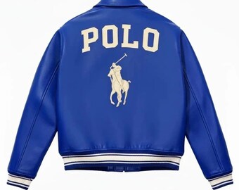 Blouson aviateur homme bleu en cuir zippé style polo avec logo brodé