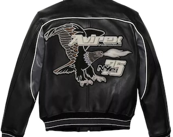 Men’s Avirex Black Leather Eagle Varsity Jacket Retro NY5 Bomber Streetwear Coat