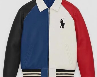 Veste universitaire en cuir color block pour hommes, style polo, bomber zippé, manteau streetwear