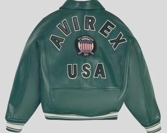 Avirex - Blouson aviateur en cuir vert iconique pour homme - Manteau streetwear style universitaire rétro avec écusson américain