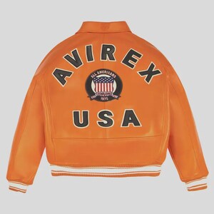 Avirex Orange Leather Bomber Jacket USA Shield Patch Mens Varsity Flight Jacket Streetwear Coat
