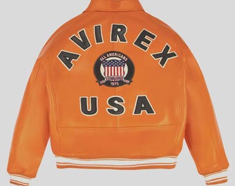 Avirex - Blouson aviateur en cuir orange USA Shield Patch - Blouson aviateur universitaire pour hommes, manteau streetwear
