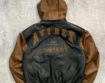 Blouson universitaire en cuir à capuche Avirex pour homme vintage bomber bicolore cadeau pour lui