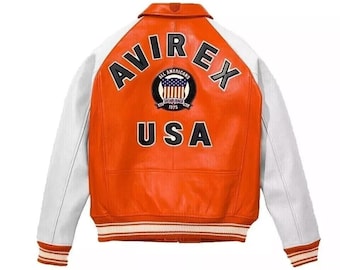 Blouson aviateur rétro en cuir AVIREX USA - Manteau universitaire orange avec des vibrations américaines classiques