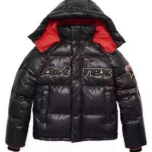 May include: Black puffer jacket with a hood and red lining. The jacket features the text "Avi rex" in white lettering across the chest and a small patch on the sleeve. The jacket has a glossy finish.