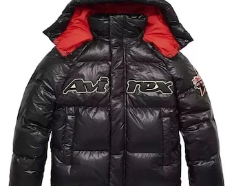 Blouson matelassé à capuche noir Avirex, streetwear brillant, manteau d'hiver unisexe à bulles, cadeau pour lui