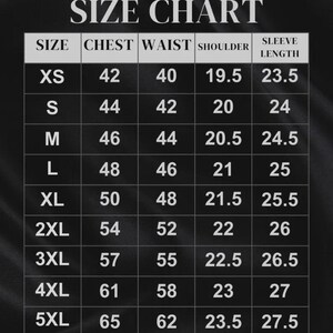 May include: A size chart for jackets, with measurements in inches. The chart includes sizes XS to 6XL, listing chest, waist, shoulder, and sleeve length measurements. The text "MEN'S JACKET SIZE CHART" is at the top.