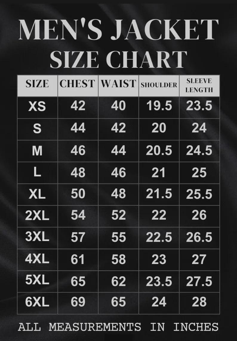 May include: A size chart for jackets, with measurements in inches. The chart includes sizes XS to 6XL, listing chest, waist, shoulder, and sleeve length measurements. The text "MEN'S JACKET SIZE CHART" is at the top.