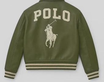 Polo en cuir vert olive veste en cuir de vachette véritable style aviateur brodé cheval collège streetwear