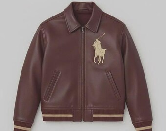 Blouson universitaire en cuir marron foncé pour hommes style polo avec logo brodé au dos, manteau aviateur