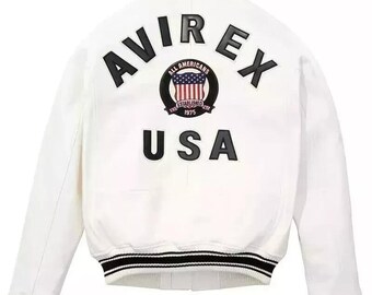 Blouson universitaire en cuir blanc AVIREX USA - Pièce tendance streetwear rétro All Americans 1975