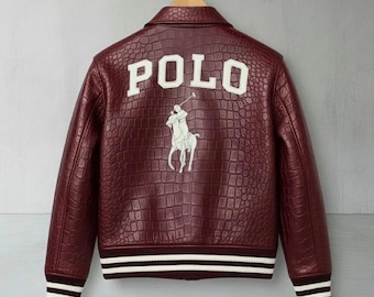 Blouson aviateur homme bordeaux en cuir gaufré crocodile style polo