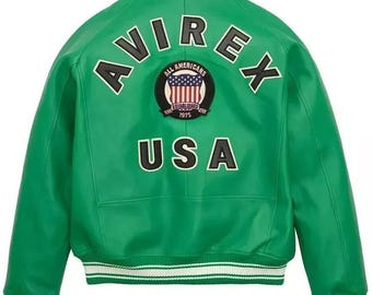 Avirex - Blouson aviateur en cuir vert pour homme USA Patch Retro Varsity Flight Streetwear pour homme