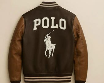 Veste en cuir véritable brodée par polo style aviateur avec manches marron streetwear universitaire