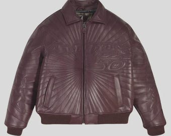 Avirex 50th Anniversary Burgundy Leather Bomber Jacket, Limited Edition Varsity Coat Gift For Him