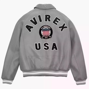 Avirex Grey Leather Bomber Jacket Mens USA Patch Varsity Flight Streetwear Coat