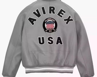 Avirex - Blouson aviateur en cuir gris - Manteau streetwear homme USA Patch Varsity Flight