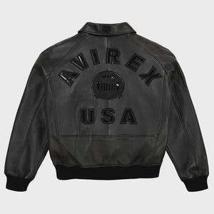 Avirex Black Leather Bomber Jacket Mens USA Embossed Logo Varsity Flight Streetwear Coat