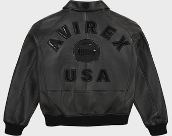 Avirex Black Leather Bomber Jacket Mens USA Embossed Logo Varsity Flight Streetwear Coat