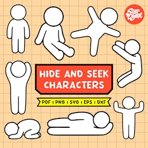 May include: A digital graphic set featuring white stick figures in various poses on a tan grid background. The central red banner displays the text HIDE AND SEEK CHARACTERS, with a yellow banner below listing file formats PDF, PNG, SVG, EPS, DXF.