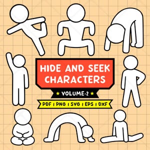 May include: A collection of eight white stick figures in various poses arranged around a central red rectangular sign with the text HIDE AND SEEK CHARACTERS VOLUME-2 and a yellow banner listing file formats PDF, PNG, SVG, EPS, and DXF.