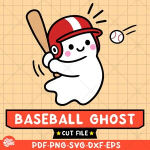 May include: A digital illustration of a white ghost wearing a red and white baseball helmet, holding a wooden bat, and swinging at a baseball. Below the character, a red banner displays the text BASEBALL GHOST CUT FILE PDF-PNG-SVG-DXF-EPS.