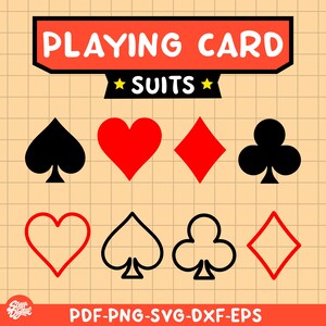 Op de afbeelding: Een digitale afbeelding met de tekst PLAYING CARD SUITS en acht iconen. De bovenste rij toont een zwart schoppen, rood hart, rode ruit en zwarte klaver. De onderste rij toont de omtrekken van een hart, schoppen, klaver en ruit.