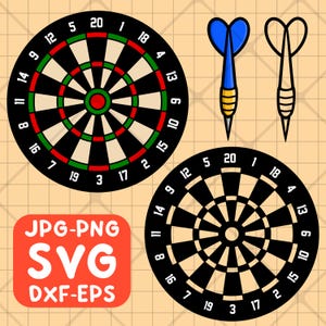 May include: A digital illustration featuring two dartboards, two darts, and a graphic with file type options. The dartboards are black, white, red, and green. One dart is blue and yellow. The graphic includes the text "JPG-PNG SVG DXF-EPS".