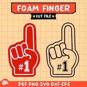 Puede incluir: Un gráfico digital que muestra dos diseños de dedo de espuma sobre un fondo de cuadrícula. Uno es rojo sólido con contornos blancos y un número 1 blanco, el otro es una versión de contorno negro. El texto superior dice FOAM FINGER CUT FILE.