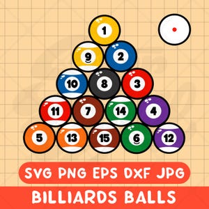 May include: A cartoon illustration of billiard balls arranged in a triangle, with numbers 1 through 15 visible. The balls are various colors, including yellow, blue, red, purple, and green. A white cue ball with a red dot is also present. The image includes the text "SVG PNG EPS DXF JPG" and "BILLIARDS BALLS".