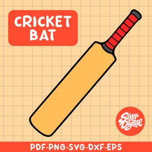 Puede incluir: Ilustración vectorial de un bate de críquet con un agarre rojo y el texto "CRICKET BAT" en un rectángulo rojo. El bate es de color marrón claro con contornos negros. La imagen también incluye el texto "PDF-PNG-SVG-DXF-EPS".