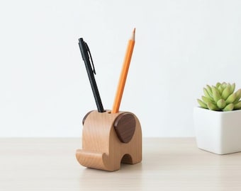 Elefante de madera - Lindo organizador de escritorio con portalápices - Soporte para smartphone con forma de elefante hecho a mano en madera de haya - Regalo para amantes de los animales