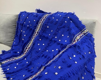 Plaid berbère bleu fait main - Couverture marocaine artisanale -  jeté de Lit Bohème - Tapis textile ethnique - Décoration Intérieure