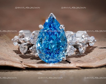 3 CT Pear Cut Blue Lab Grown Diamond Ring, Pave Engagement Ring, Fancy Blue Diamond Ring, Gift or Her, Promise Ring for Her, Handmade Ring