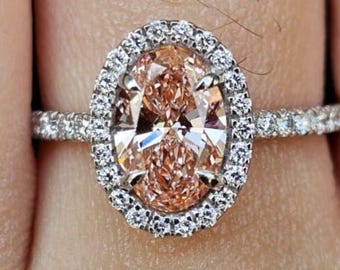 2.00 Carat Fancy Vivid Pink Oval Cut Lab Grown Diamond Engagement Ring | 18k Gold Pink Diamond Ring | Unique Halo Setting | IGI Certified