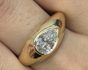 2ct Pear Lab Grown Diamond Ring, 18k Yellow Gold Bezel Set East West Solitaire Chunky Gold Dome Pinky Christmas Gift for Her