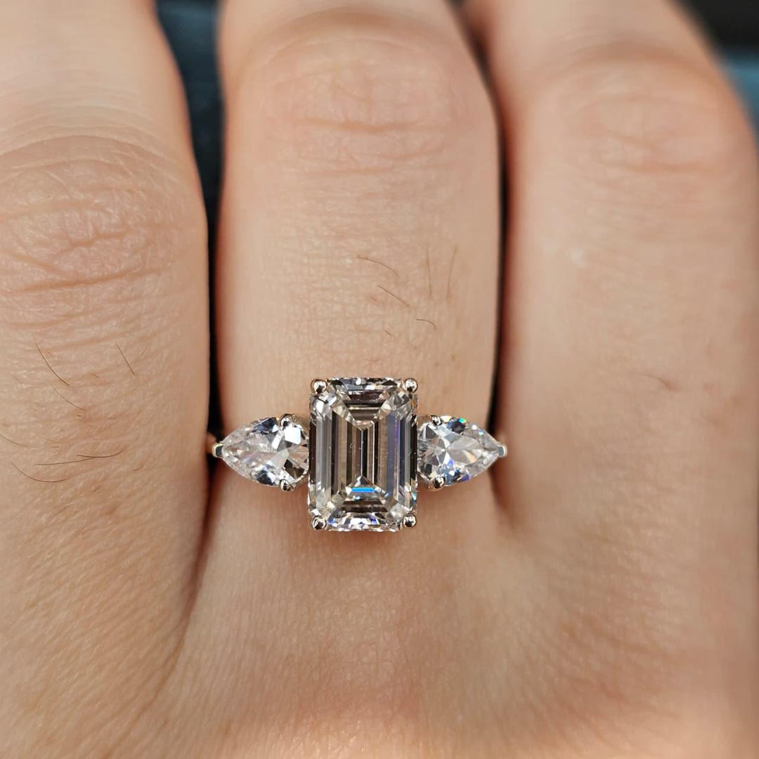 2CT Emerald Cut Lab Grown Diamond Ring, Three Stone Engagement Ring ...