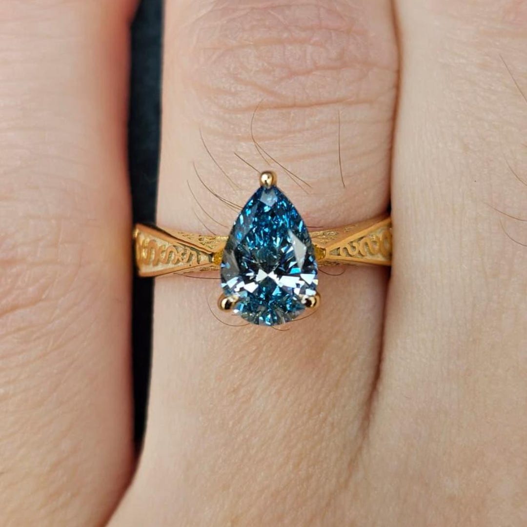 Pear Cut Lab Grown Diamond Ring, Blue Lab Grown Diamond Ring, 14k Gold ...