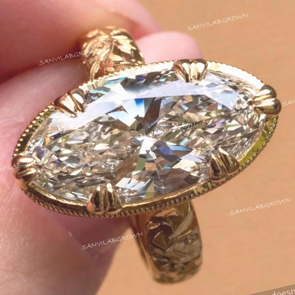 Anello con diamante sintetico taglio marquise da 3 carati, anello di fidanzamento vintage, solitario, certificato IGI, regalo di anniversario per lei, anello di proposta per lei