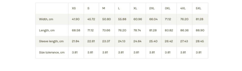 K&ouml;nnte beinhalten: Eine wei&szlig;e Tabelle mit schwarzem Text, der die Kleidungsma&szlig;e in Zentimetern detailliert. Die Tabelle enth&auml;lt Breite, L&auml;nge und &Auml;rmell&auml;nge f&uuml;r die Gr&ouml;&szlig;en XS bis 5XL, mit Informationen zur Gr&ouml;&szlig;entoleranz.