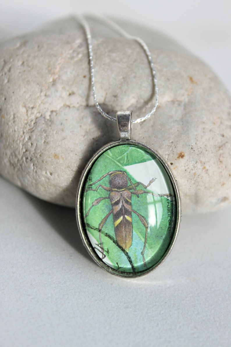 Real Postage Stamp NecklaceInsect-BeetleAntiqued SilverOval Pendant w ChainHandmadeUnique 20 Dollar GiftNature Lover-Gardener-Outdoor
