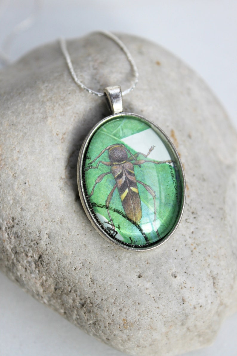 Real Postage Stamp NecklaceInsect-BeetleAntiqued SilverOval Pendant w ChainHandmadeUnique 20 Dollar GiftNature Lover-Gardener-Outdoor