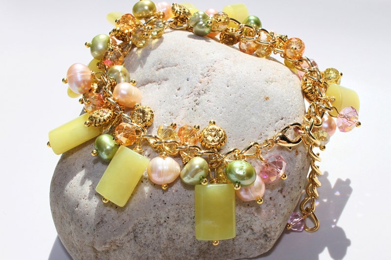 Lime GreenJade /& Pearls Gemstone BraceletArtisan MadeGold-DaintyNature-Flower MotifUnique Gift For HerMothers Day~Under 40 Dollars