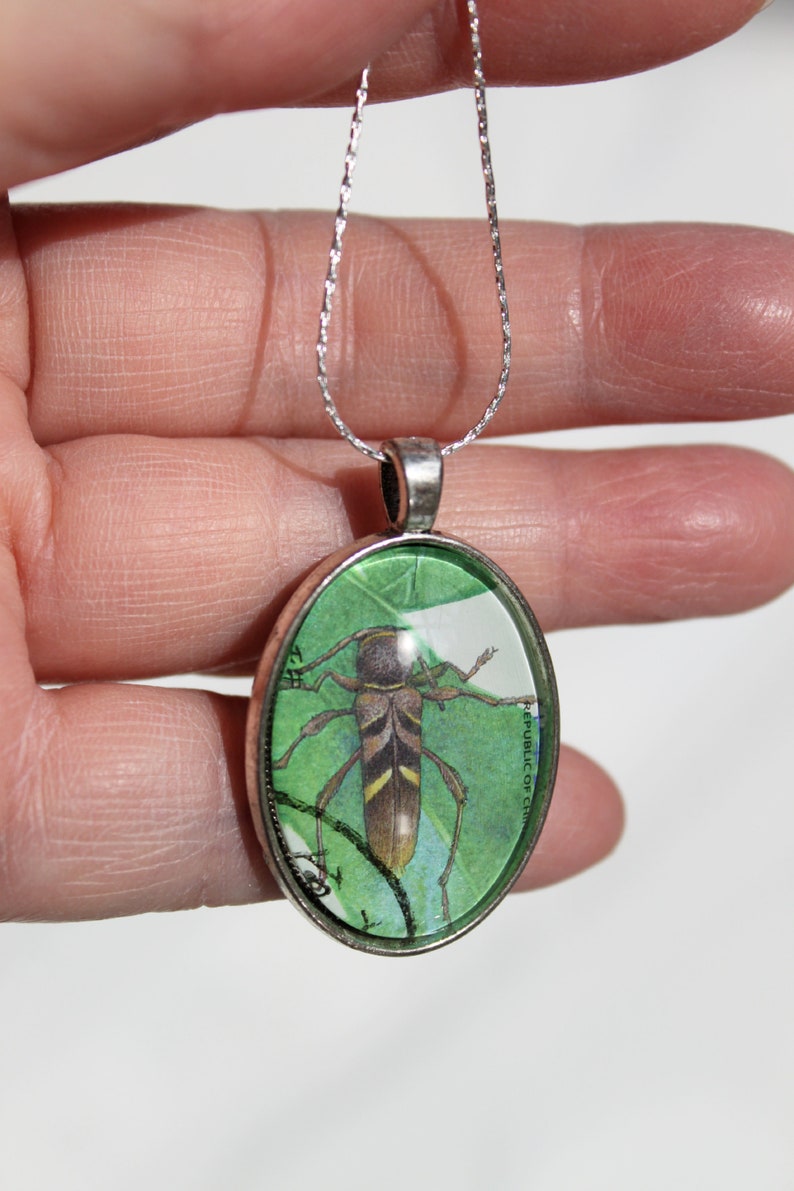 Real Postage Stamp NecklaceInsect-BeetleAntiqued SilverOval Pendant w ChainHandmadeUnique 20 Dollar GiftNature Lover-Gardener-Outdoor