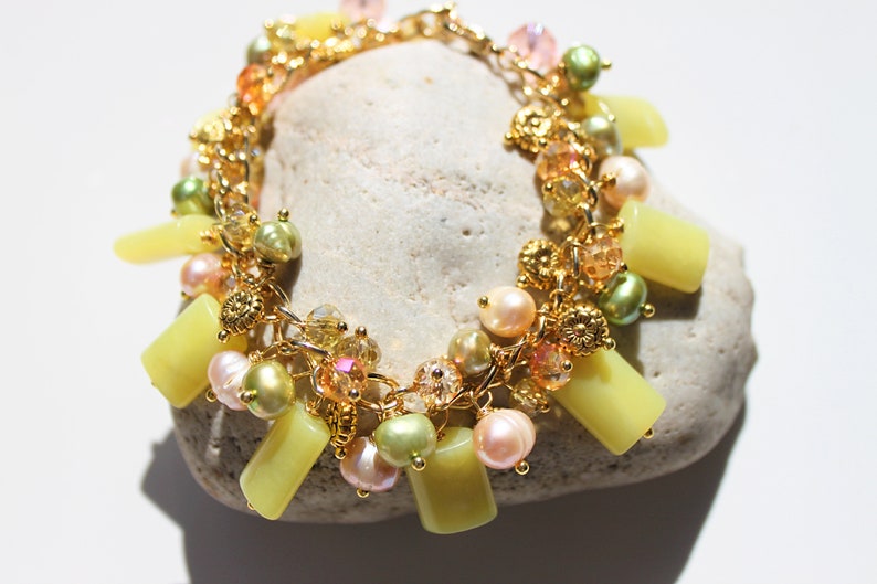 Lime GreenJade /& Pearls Gemstone BraceletArtisan MadeGold-DaintyNature-Flower MotifUnique Gift For HerMothers Day~Under 40 Dollars