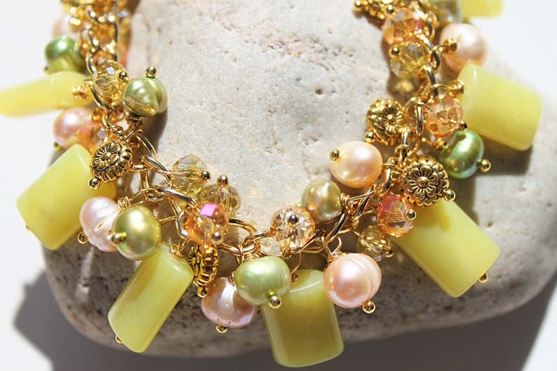 Lime GreenJade /& Pearls Gemstone BraceletArtisan MadeGold-DaintyNature-Flower MotifUnique Gift For HerMothers Day~Under 40 Dollars