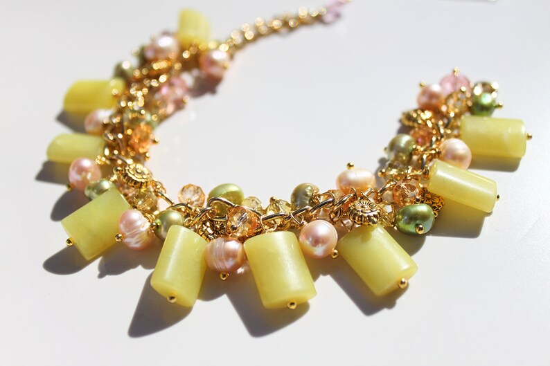 Lime GreenJade /& Pearls Gemstone BraceletArtisan MadeGold-DaintyNature-Flower MotifUnique Gift For HerMothers Day~Under 40 Dollars