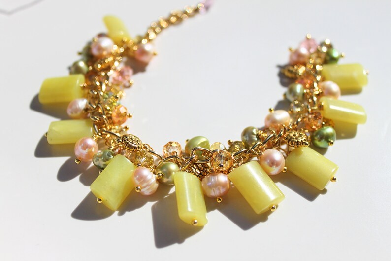 Lime GreenJade /& Pearls Gemstone BraceletArtisan MadeGold-DaintyNature-Flower MotifUnique Gift For HerMothers Day~Under 40 Dollars