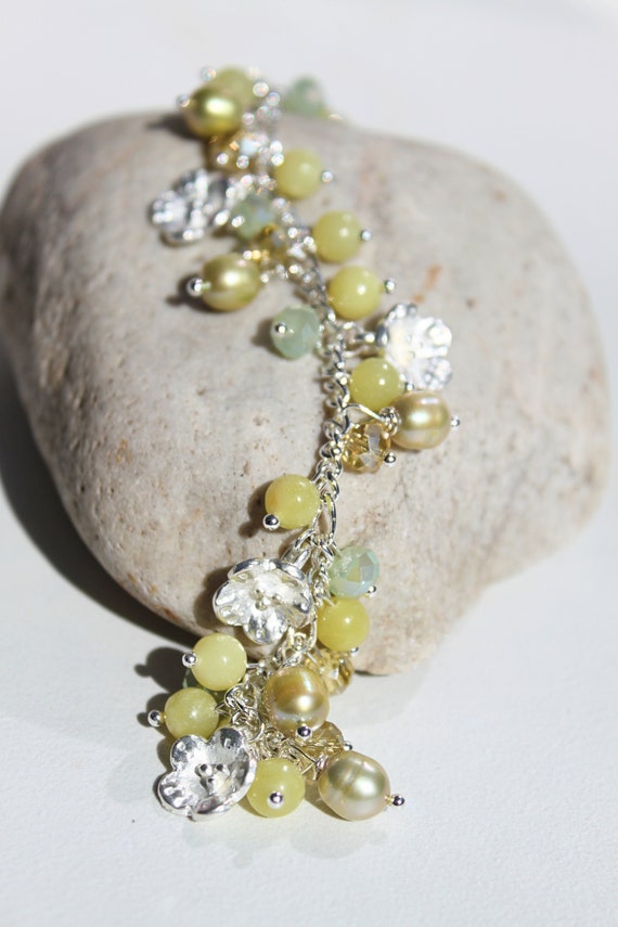 Lime GreenJade /& Pearls Gemstone BraceletArtisan MadeGold-DaintyNature-Flower MotifUnique Gift For HerMothers Day~Under 40 Dollars